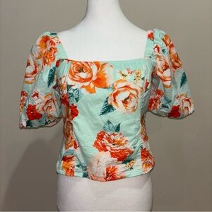 Buddy Love Light Aqua and Orange Puff Sleeve Crop Blouse Size S